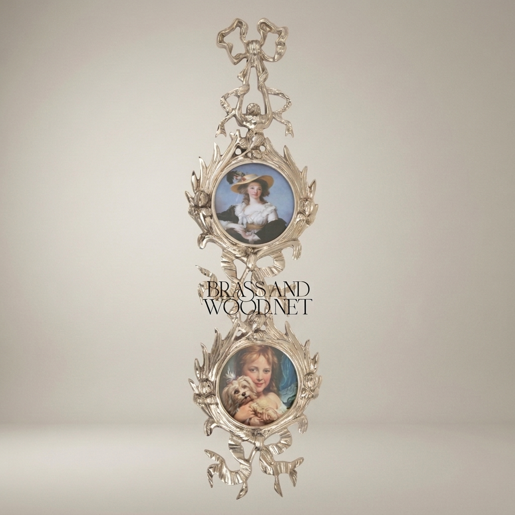 Rococo Brass Dual Portrait Wall Frame with Ribbon & Acanthus Cascade — Silver