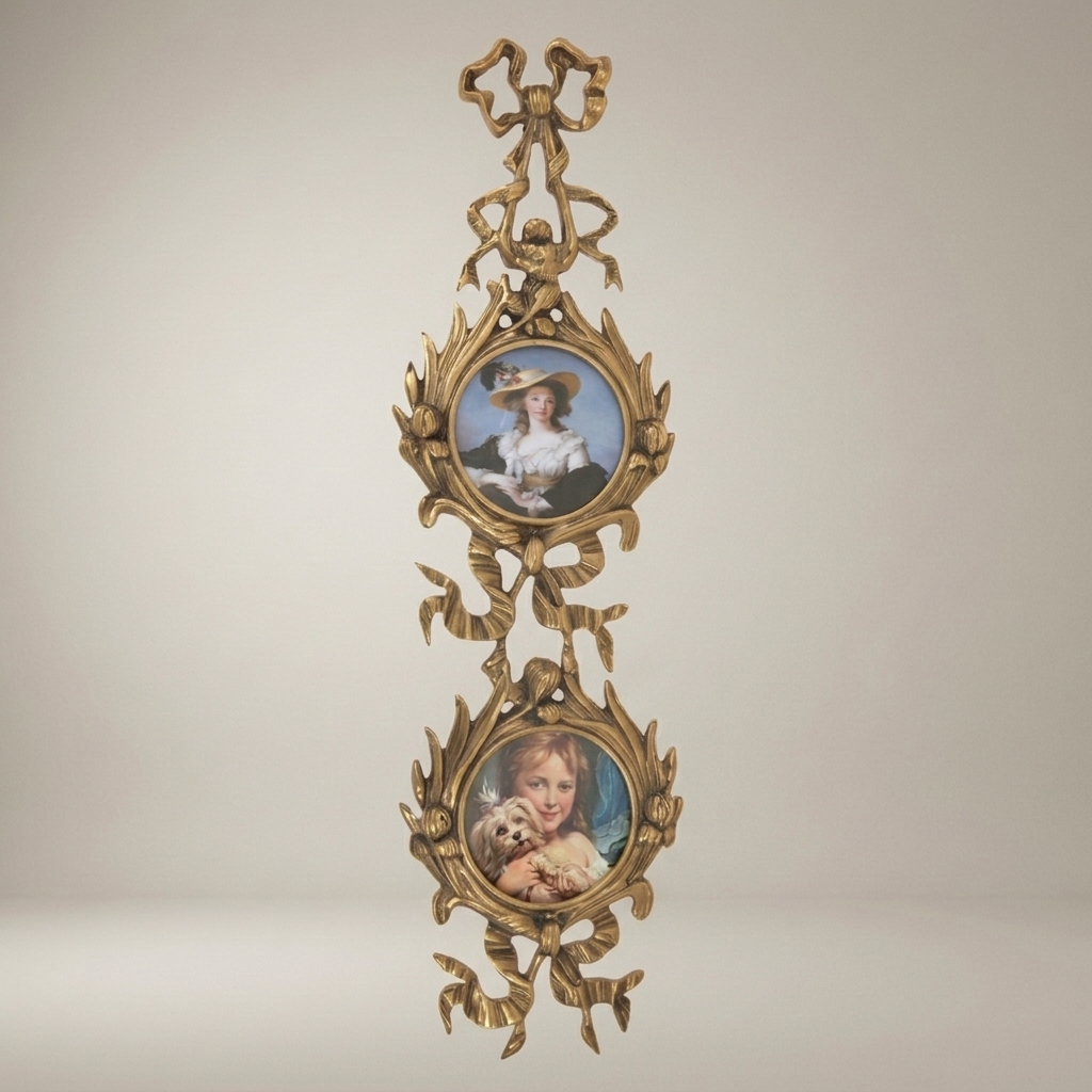 Rococo Brass Dual Portrait Wall Frame with Ribbon & Acanthus Cascade — Antique Gold