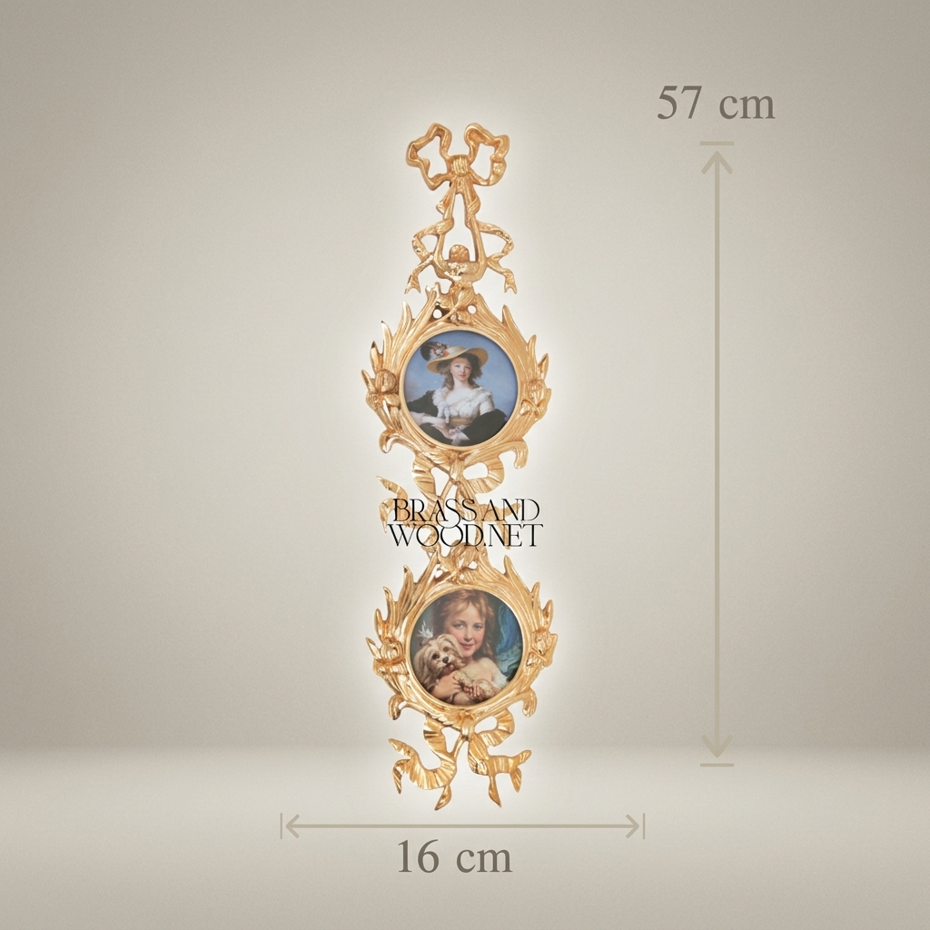Rococo Brass Dual Portrait Wall Frame with Ribbon & Acanthus Cascade — Gold