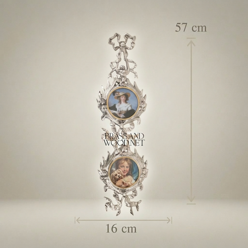 Rococo Brass Dual Portrait Wall Frame with Ribbon & Acanthus Cascade — Silver