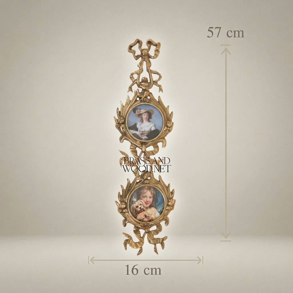 Rococo Brass Dual Portrait Wall Frame with Ribbon & Acanthus Cascade — Antique Gold