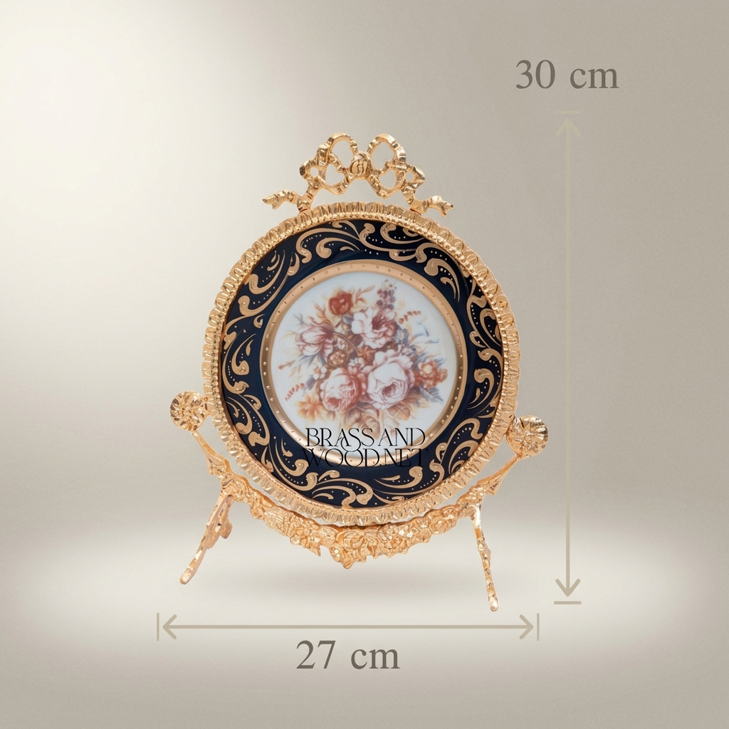 Rococo Brass Easel Decorative Plate - Hand-Painted Floral Cobalt Porcelain