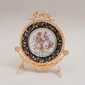 Rococo Brass Easel Decorative Plate - Hand-Painted Floral Cobalt Porcelain — Gold