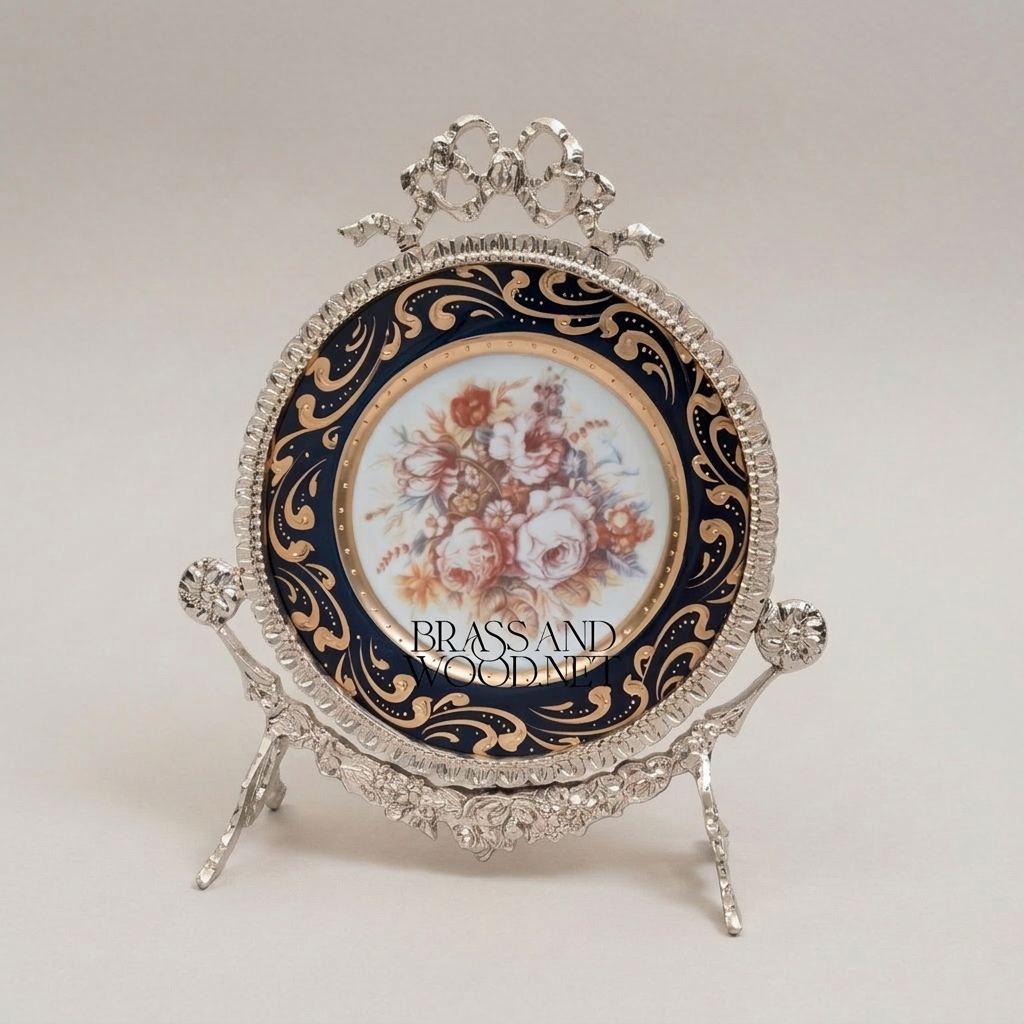 Rococo Brass Easel Decorative Plate - Hand-Painted Floral Cobalt Porcelain — Silver