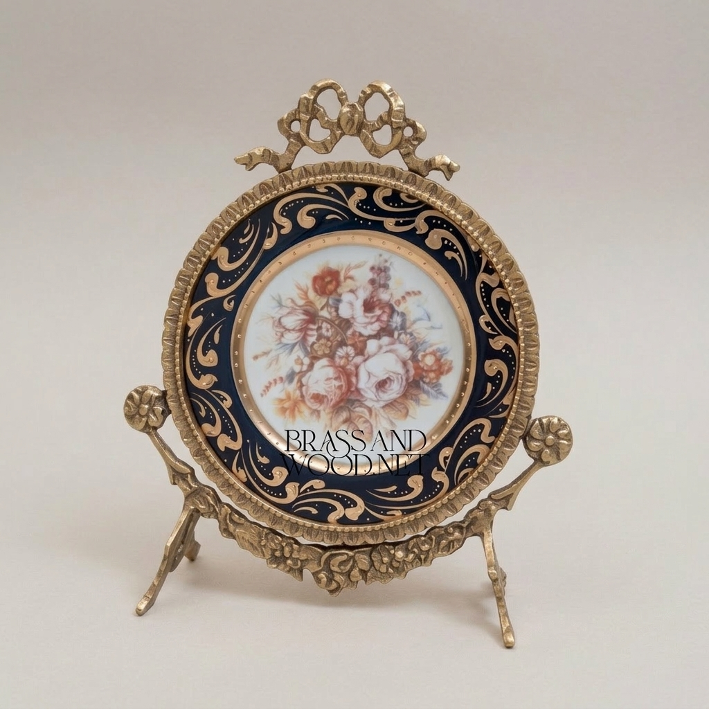 Rococo Brass Easel Decorative Plate - Hand-Painted Floral Cobalt Porcelain — Antique Gold