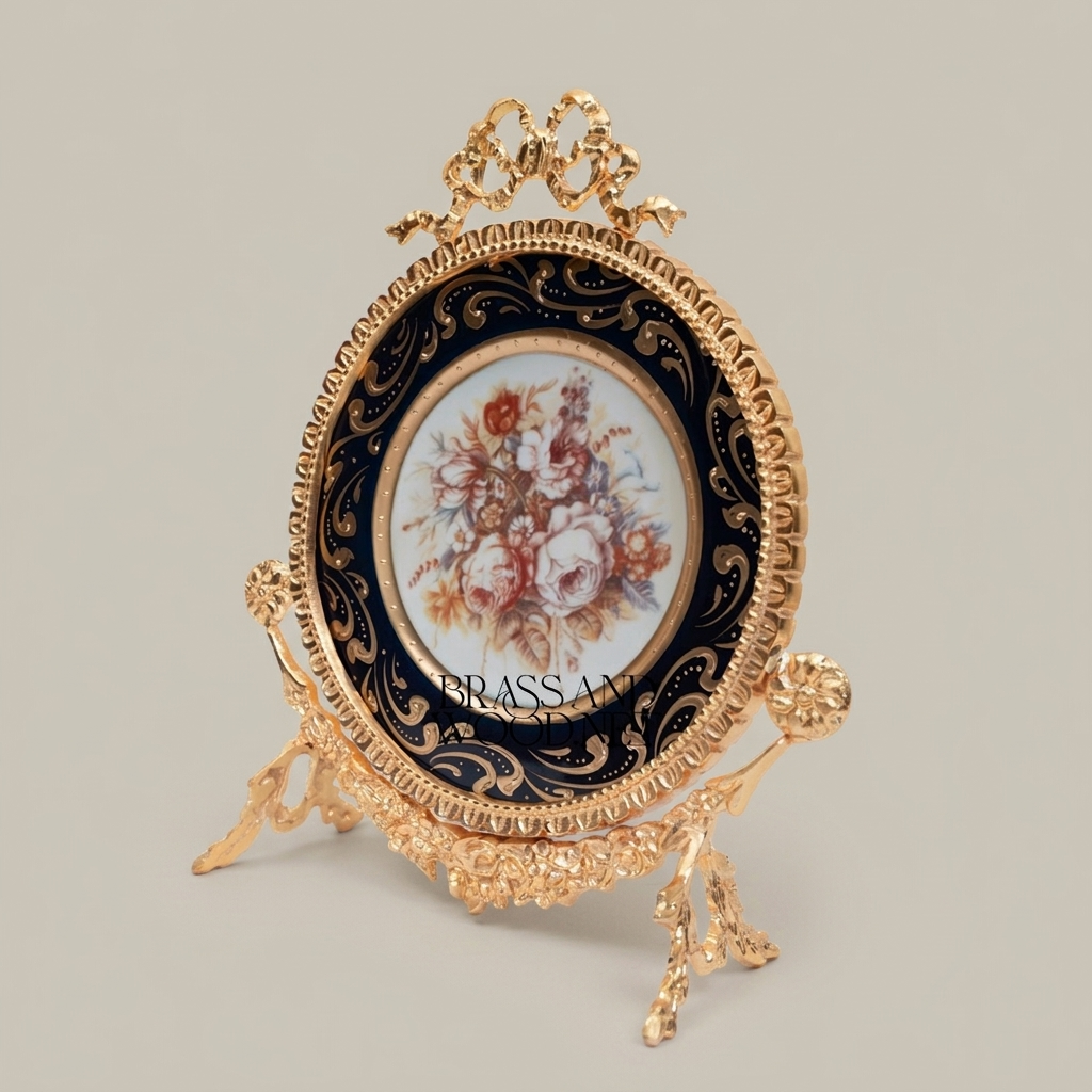 Rococo Brass Easel Decorative Plate - Hand-Painted Floral Cobalt Porcelain