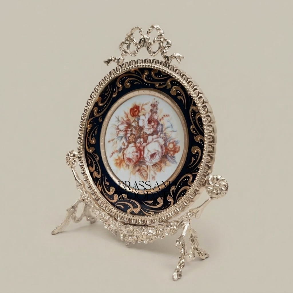 Rococo Brass Easel Decorative Plate - Hand-Painted Floral Cobalt Porcelain — Silver