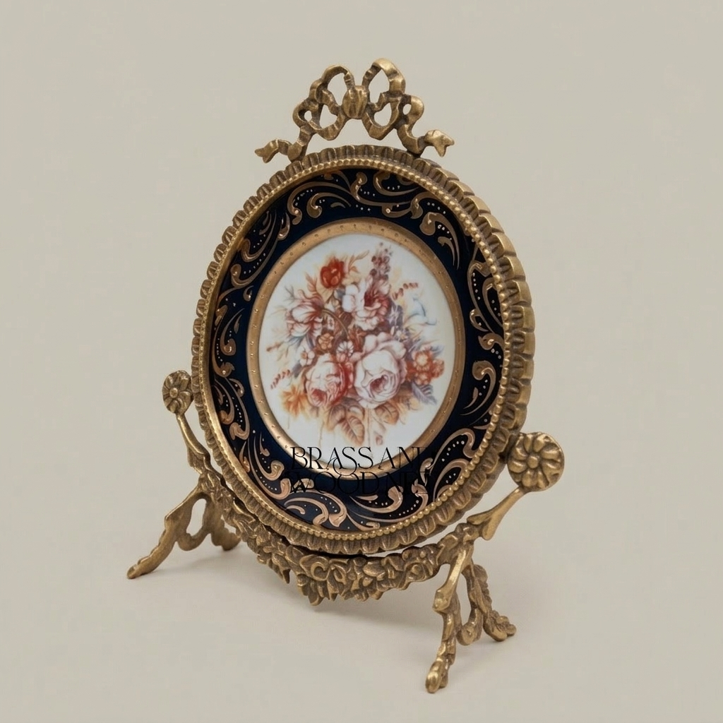Rococo Brass Easel Decorative Plate - Hand-Painted Floral Cobalt Porcelain — Antique Gold