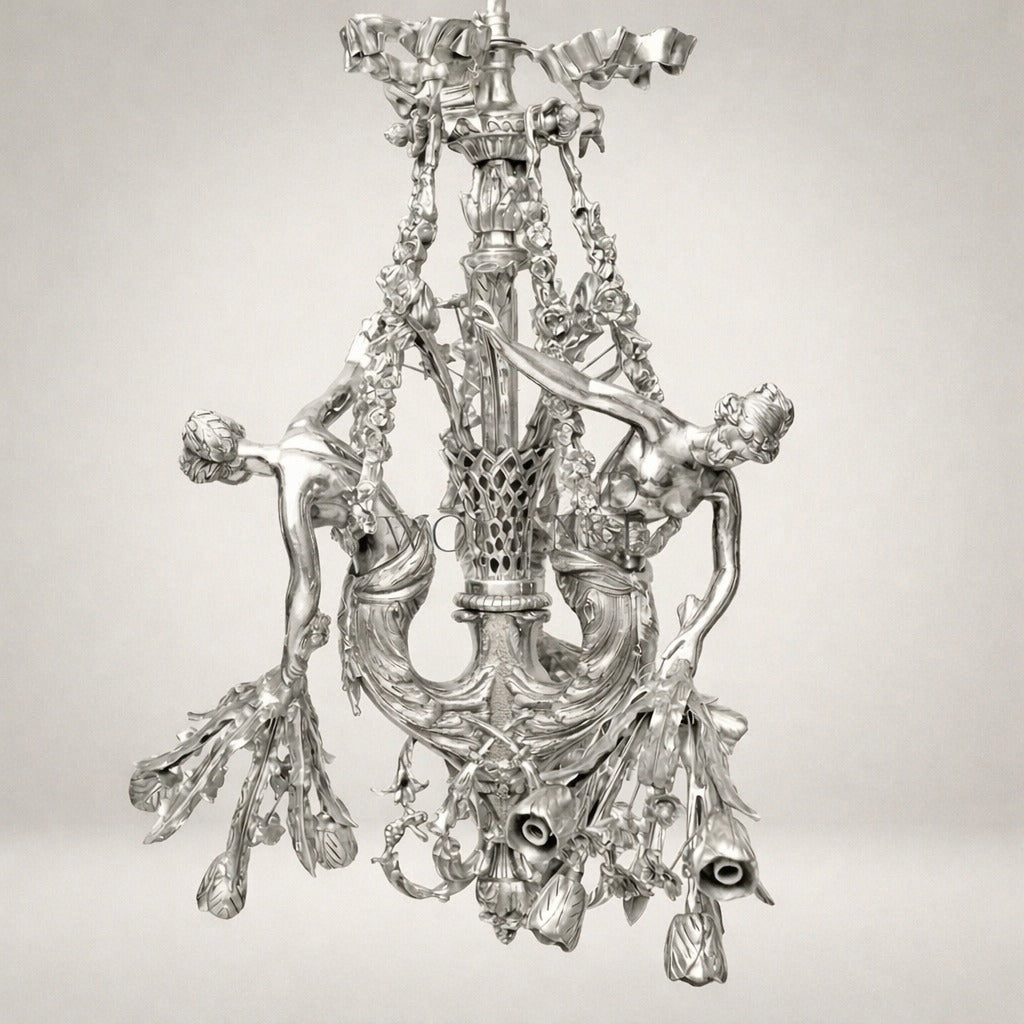 Rococo Brass Figural Chandelier with Nymph Sculptures & Acanthus Swags