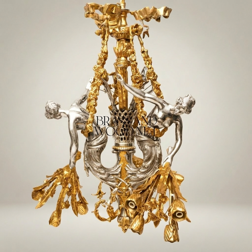 Rococo Brass Figural Chandelier with Nymph Sculptures & Acanthus Swags — Silver