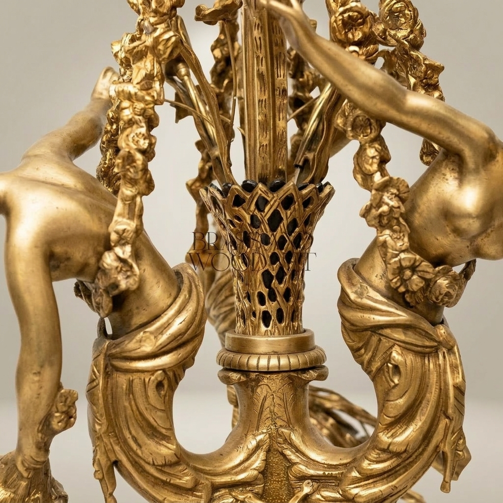 Rococo Brass Figural Chandelier with Nymph Sculptures & Acanthus Swags — Antique Gold