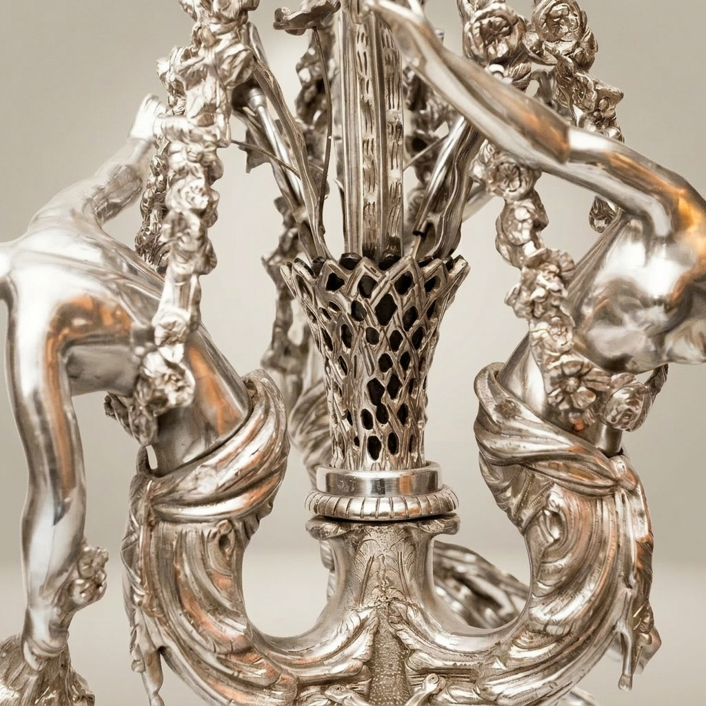 Rococo Brass Figural Chandelier with Nymph Sculptures & Acanthus Swags — Silver