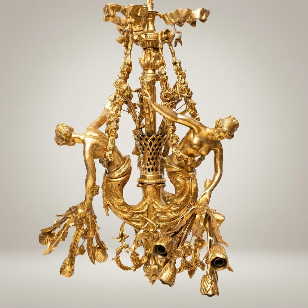 Rococo Brass Figural Chandelier with Nymph Sculptures & Acanthus Swags — Antique Gold