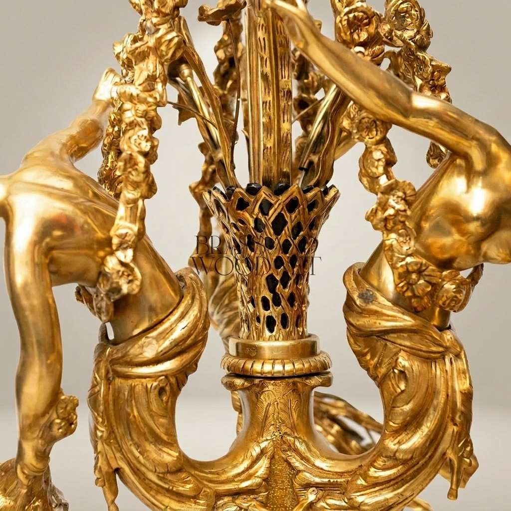 Rococo Brass Figural Chandelier with Nymph Sculptures & Acanthus Swags