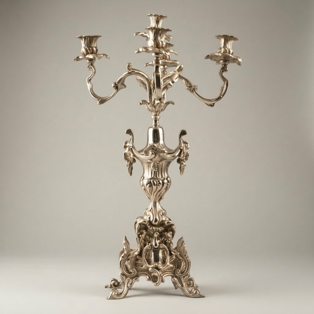 Rococo Brass Five-Arm Candelabra with Acanthus Scroll Base — Silver