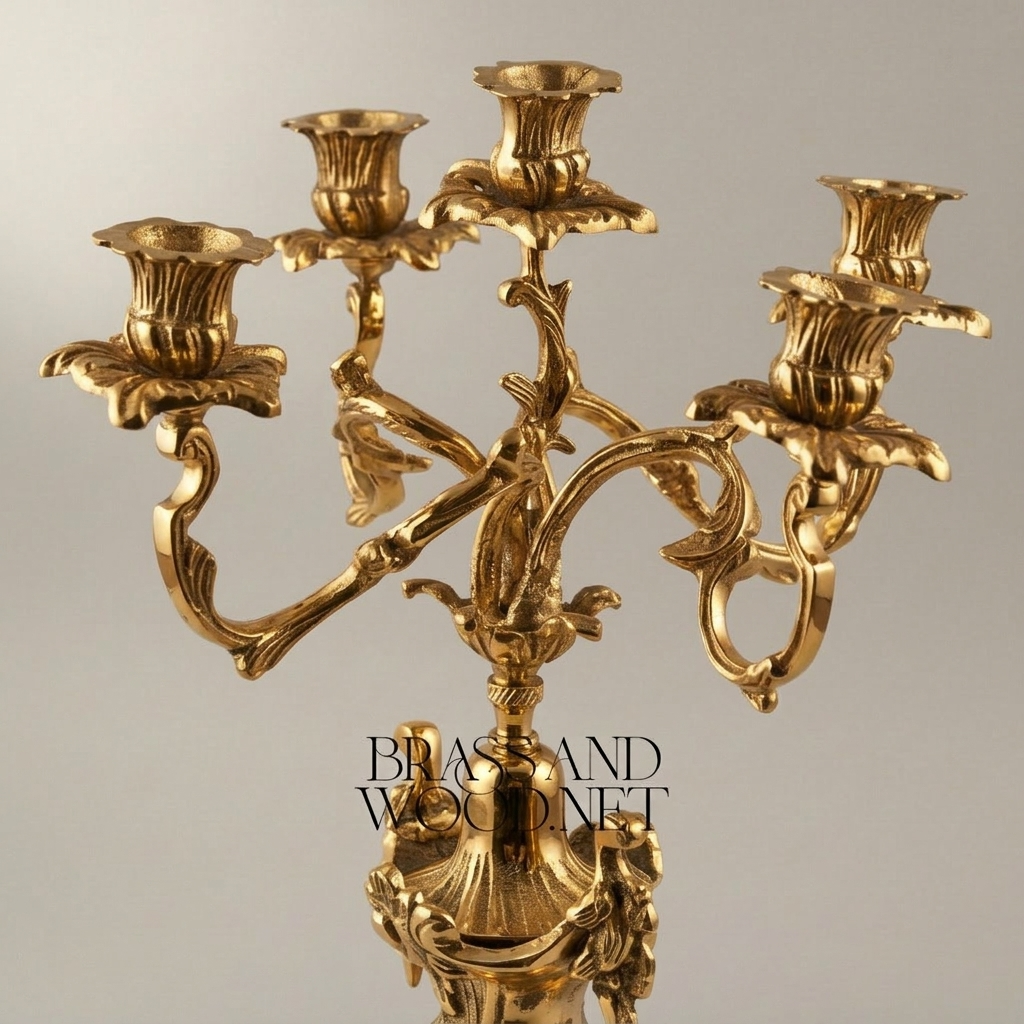 Rococo Brass Five-Arm Candelabra with Acanthus Scroll Base — Gold
