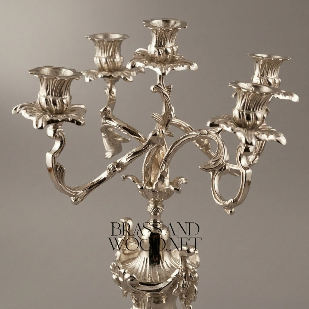 Rococo Brass Five-Arm Candelabra with Acanthus Scroll Base — Silver