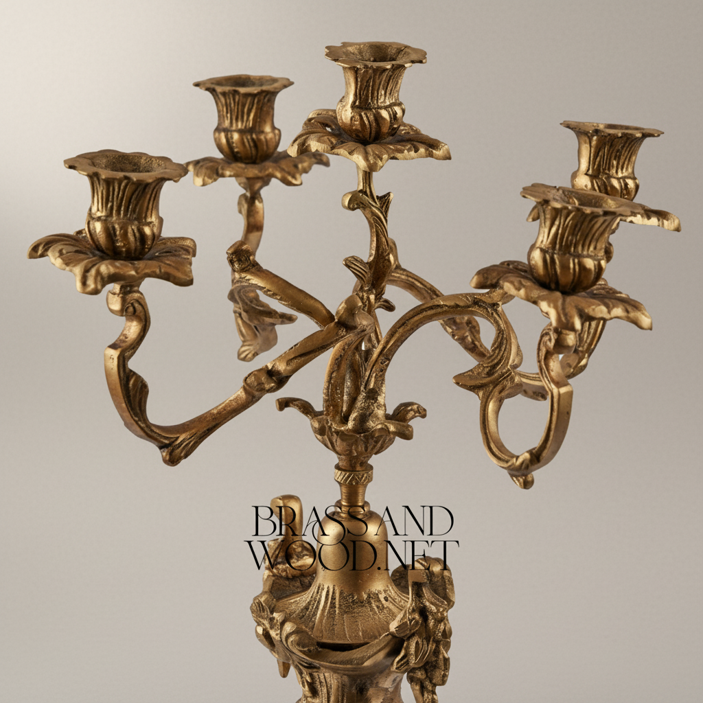 Rococo Brass Five-Arm Candelabra with Acanthus Scroll Base — Antique Gold