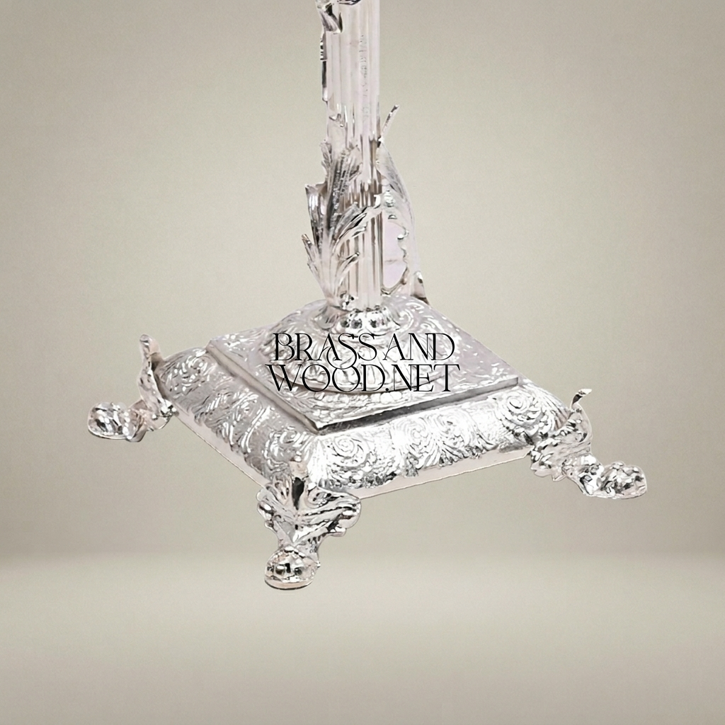 Rococo Brass Floor Lamp with Swing Arm & Acanthus Column — Silver