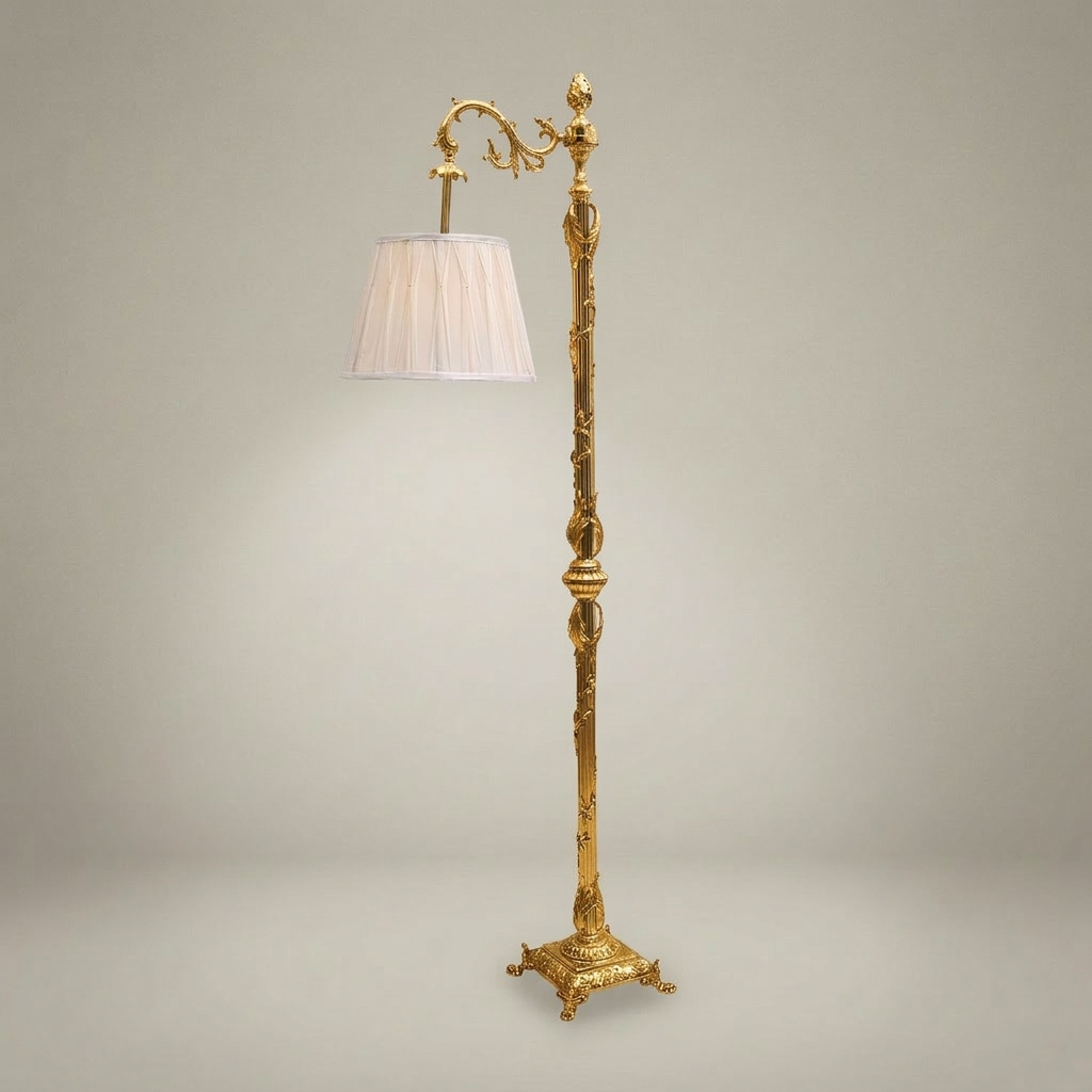 Rococo Brass Floor Lamp with Swing Arm & Acanthus Column