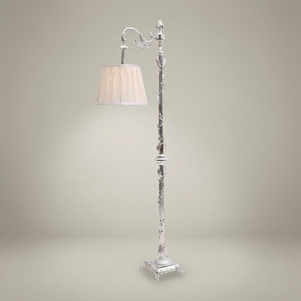 Rococo Brass Floor Lamp with Swing Arm & Acanthus Column — Silver