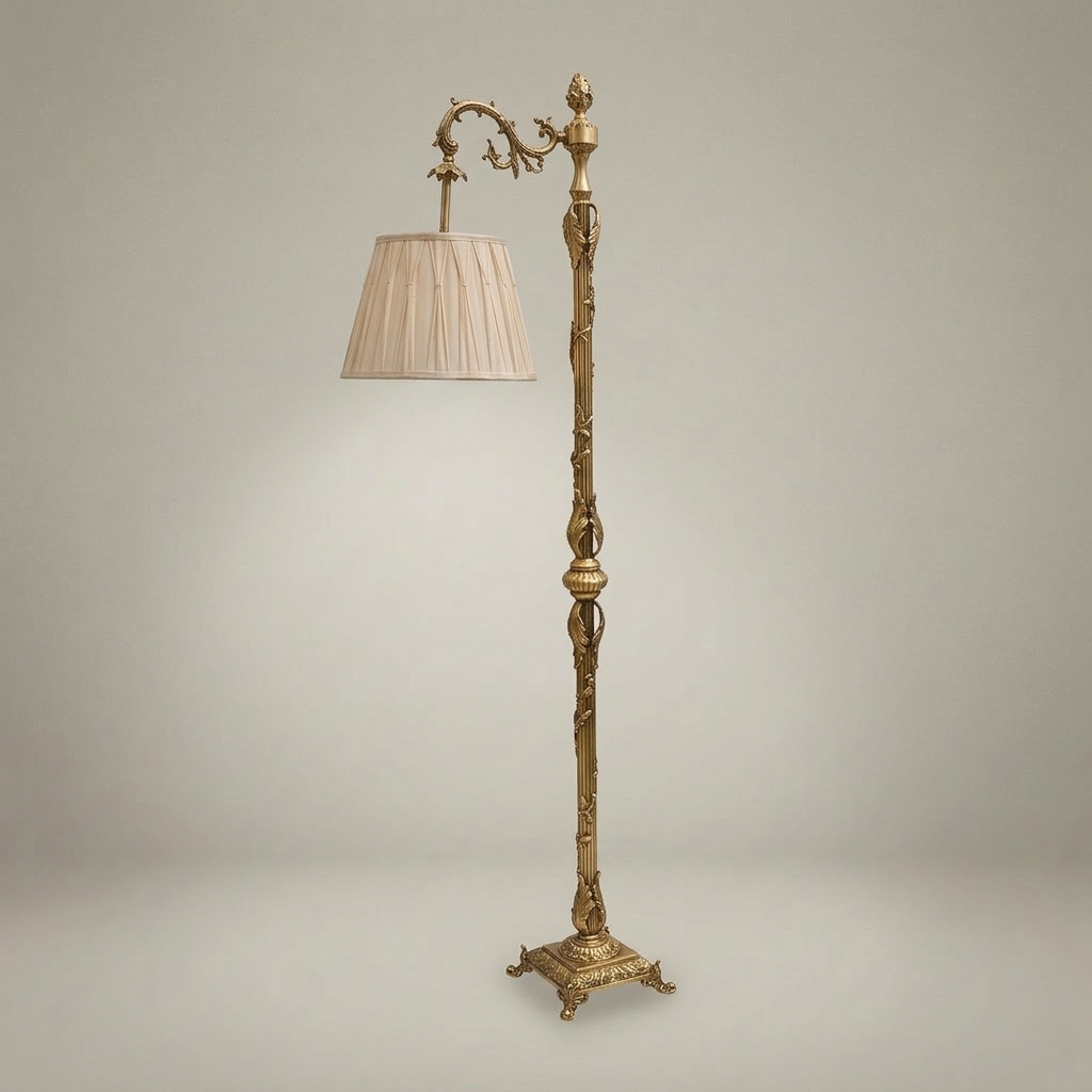 Rococo Brass Floor Lamp with Swing Arm & Acanthus Column — Antique Gold
