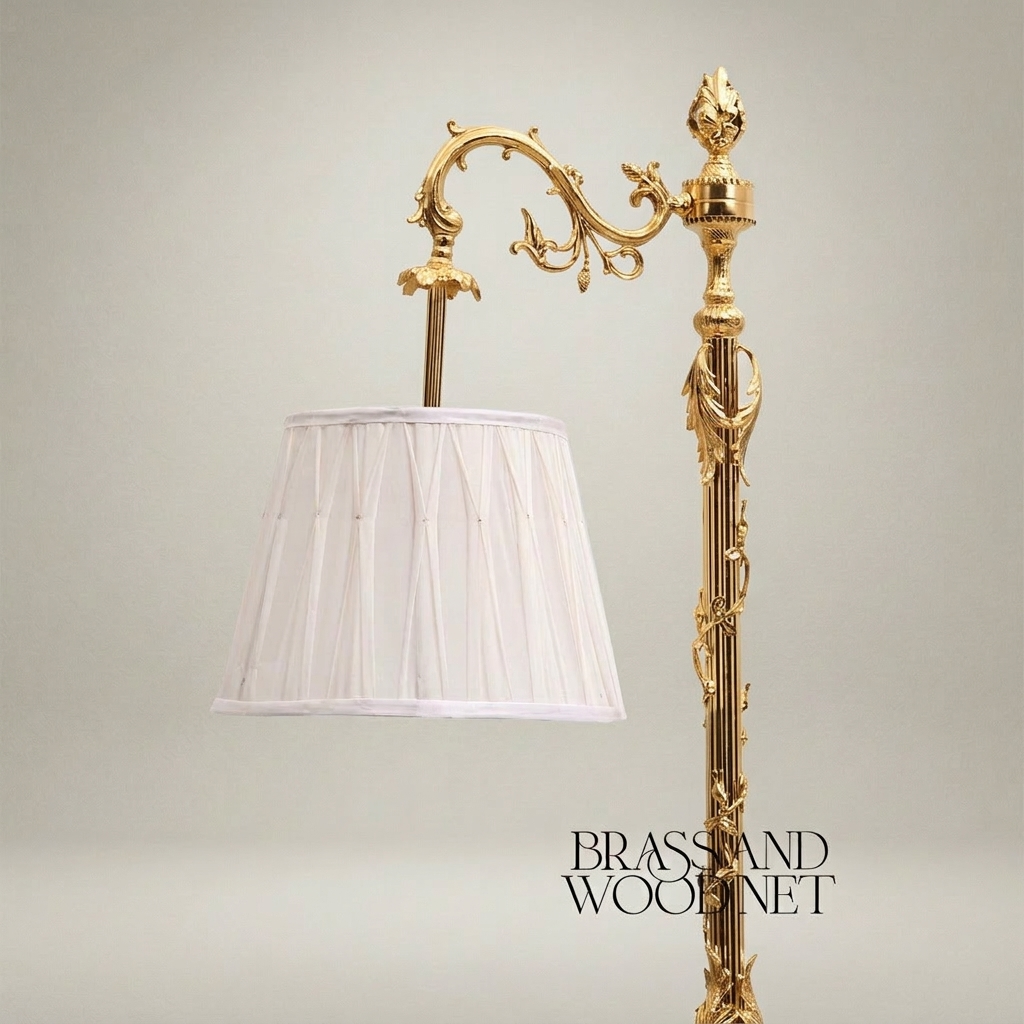 Rococo Brass Floor Lamp with Swing Arm & Acanthus Column — Gold