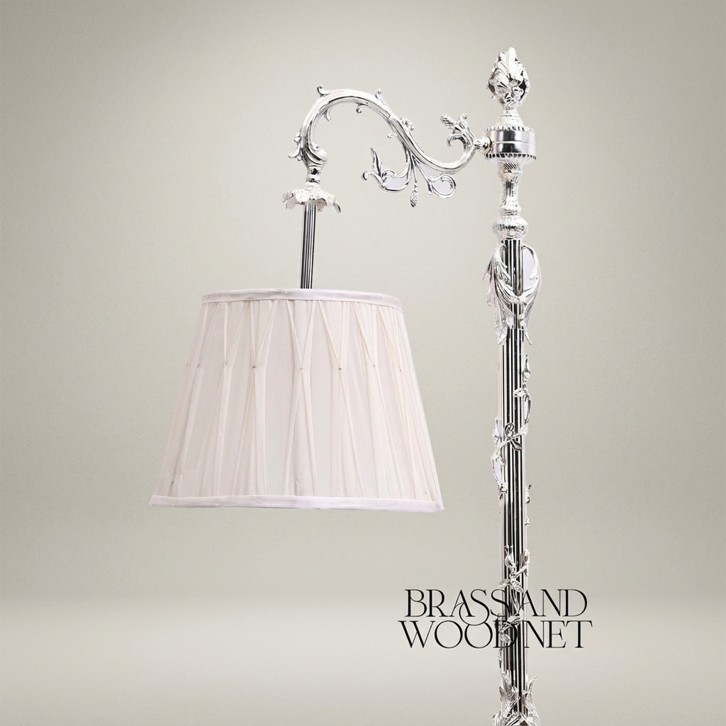 Rococo Brass Floor Lamp with Swing Arm & Acanthus Column — Silver