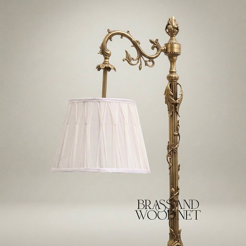 Rococo Brass Floor Lamp with Swing Arm & Acanthus Column — Antique Gold