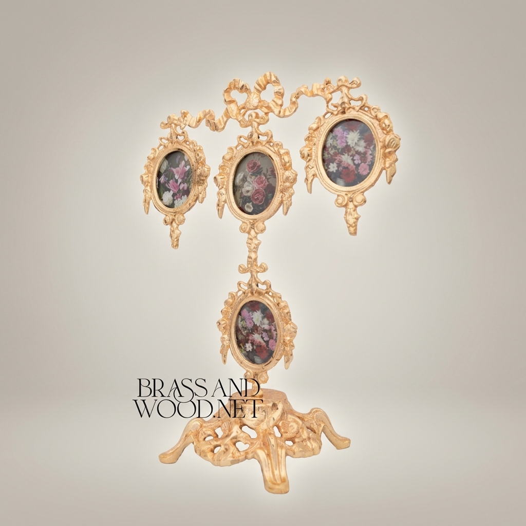 Rococo Brass Four-Oval Photo Frame Stand with Floral Bouquet Prints & Ribbon Crown — Gold