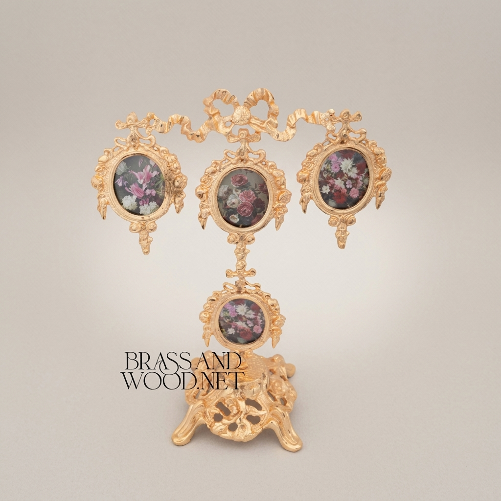 Rococo Brass Four-Oval Photo Frame Stand with Floral Bouquet Prints & Ribbon Crown