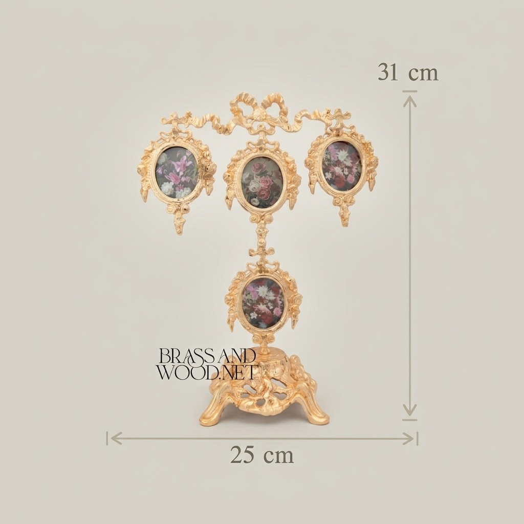 Rococo Brass Four-Oval Photo Frame Stand with Floral Bouquet Prints & Ribbon Crown — Gold