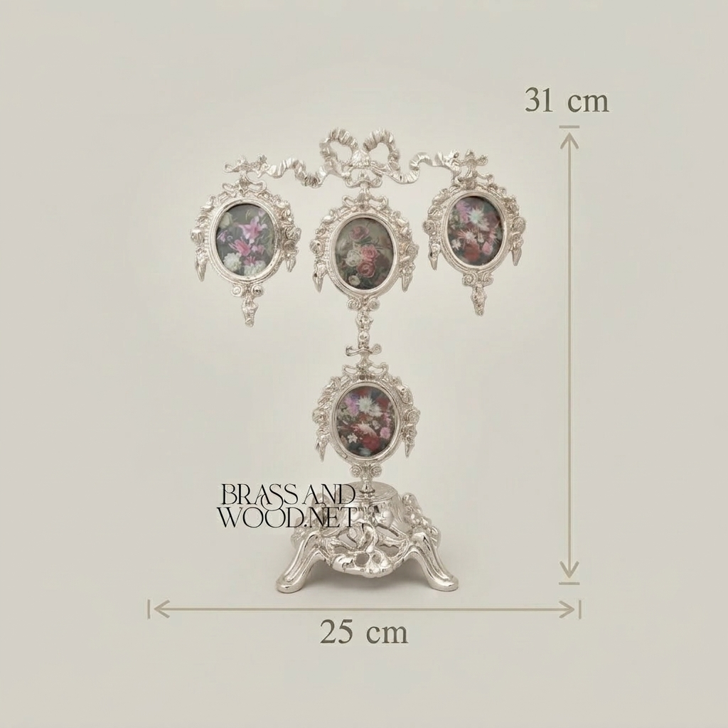 Rococo Brass Four-Oval Photo Frame Stand with Floral Bouquet Prints & Ribbon Crown — Silver