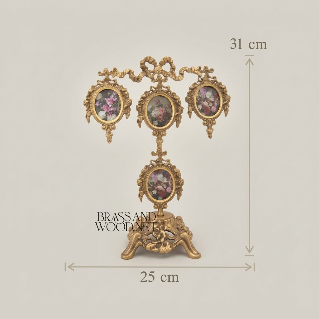 Rococo Brass Four-Oval Photo Frame Stand with Floral Bouquet Prints & Ribbon Crown — Antique Gold