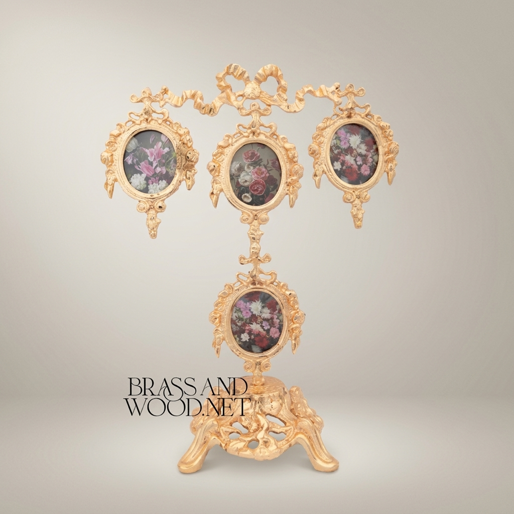 Rococo Brass Four-Oval Photo Frame Stand with Floral Bouquet Prints & Ribbon Crown — Gold
