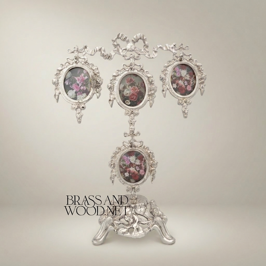 Rococo Brass Four-Oval Photo Frame Stand with Floral Bouquet Prints & Ribbon Crown — Silver