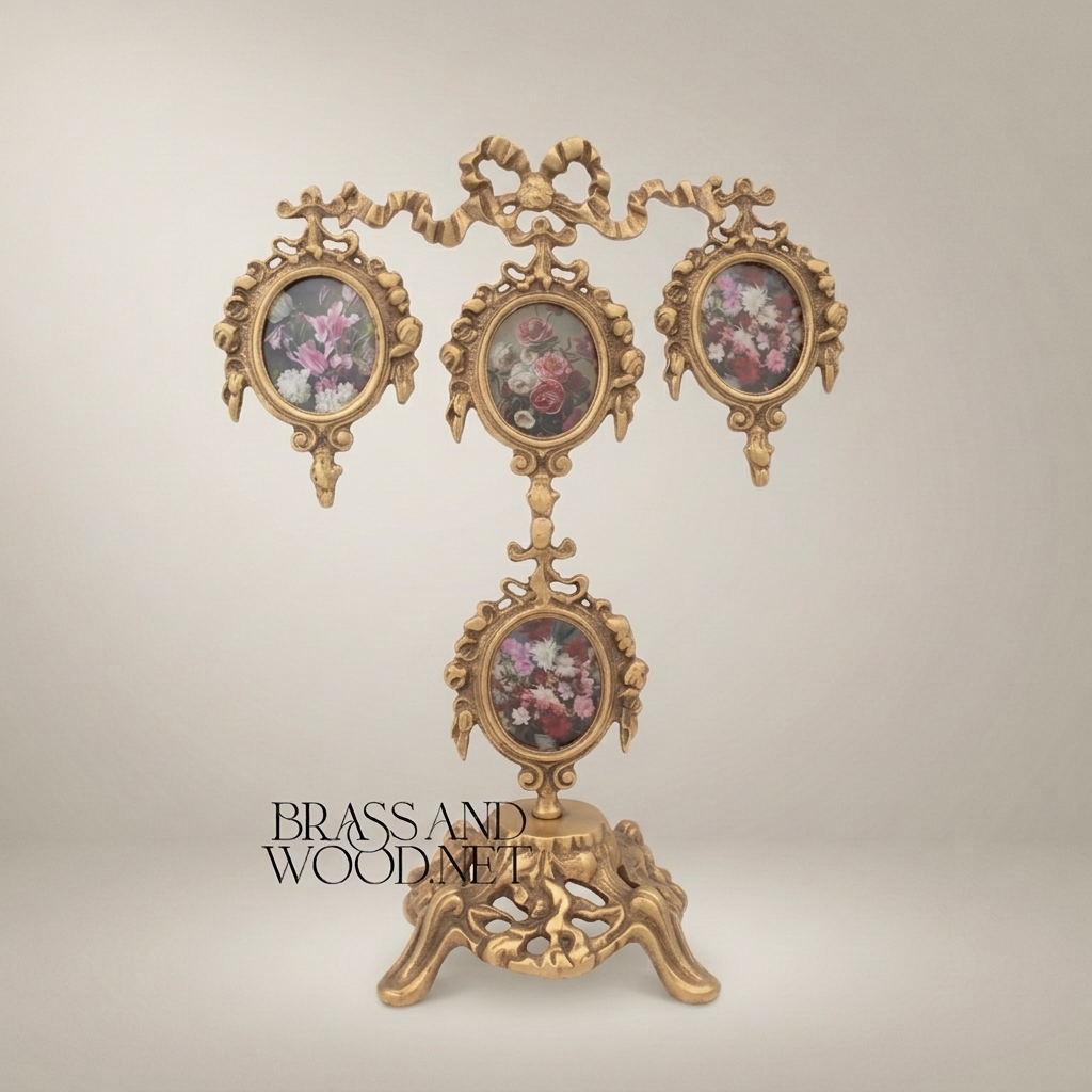 Rococo Brass Four-Oval Photo Frame Stand with Floral Bouquet Prints & Ribbon Crown — Antique Gold
