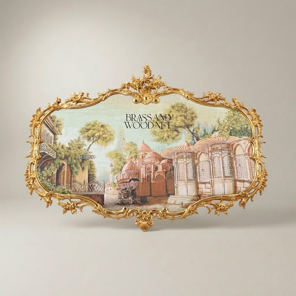 Rococo Brass Frame with Oriental Cityscape Tapestry - Cartouche Shape
