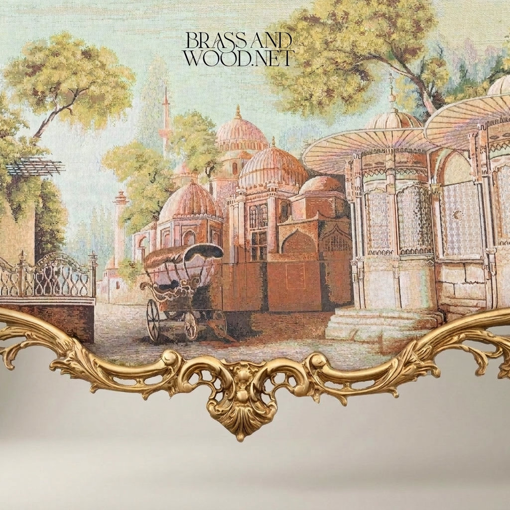 Rococo Brass Frame with Oriental Cityscape Tapestry - Cartouche Shape