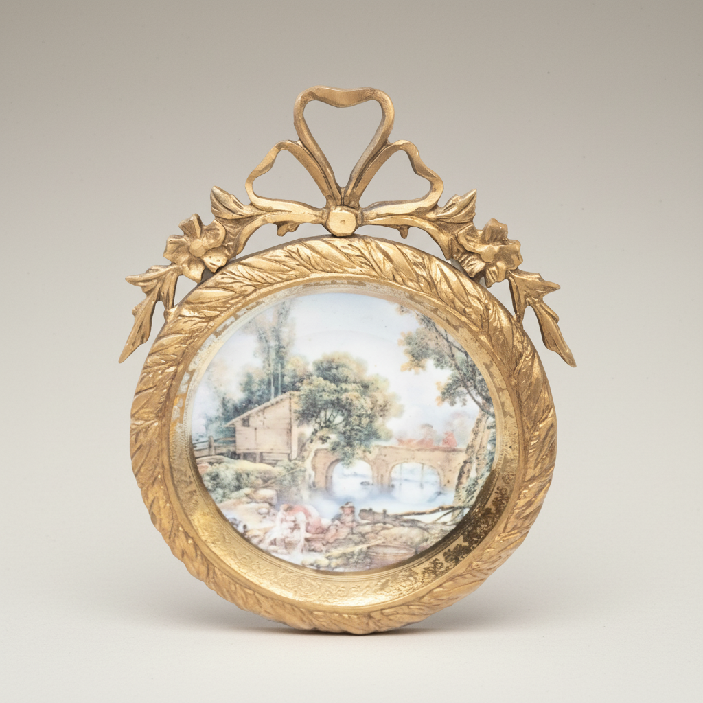 Rococo Brass Framed Porcelain Decorative Wall Plate - Pastoral Landscape Scene — Gold