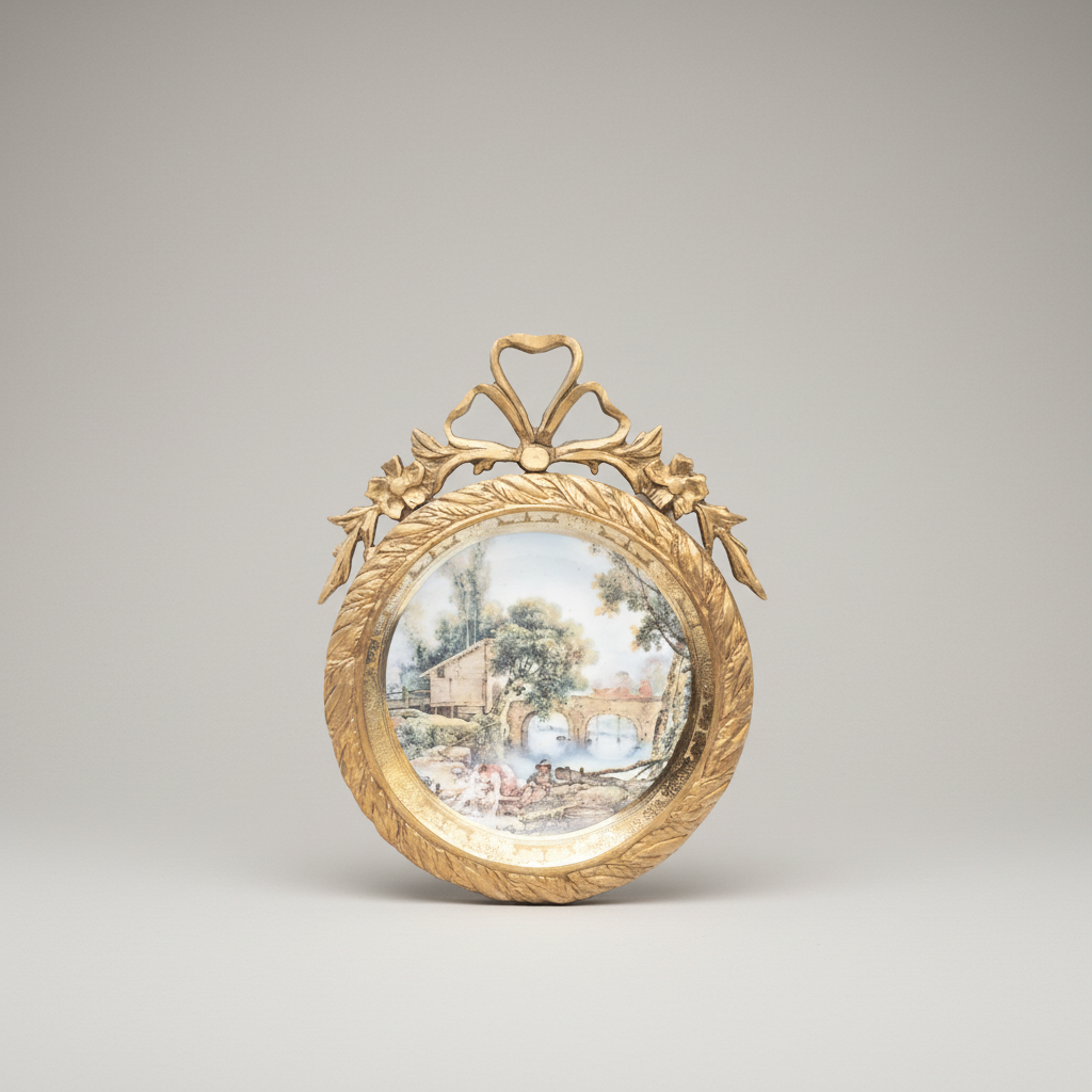 Rococo Brass Framed Porcelain Decorative Wall Plate - Pastoral Landscape Scene — Gold