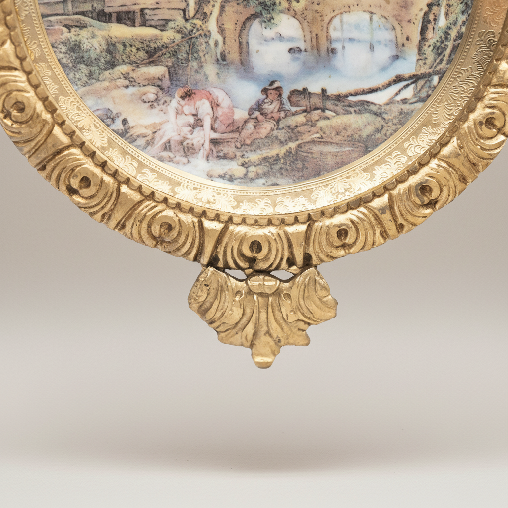 Rococo Brass Framed Porcelain Decorative Wall Plate - Pastoral Landscape Scene — Gold