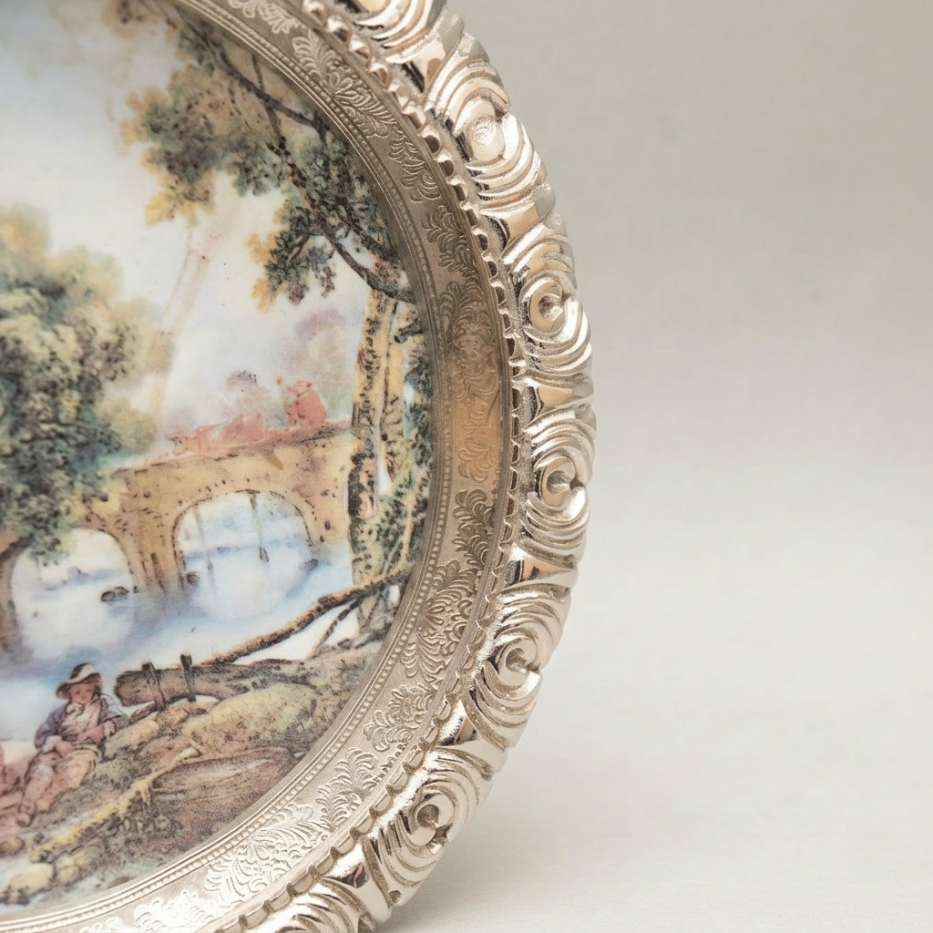 Rococo Brass Framed Porcelain Decorative Wall Plate - Pastoral Landscape Scene — Silver