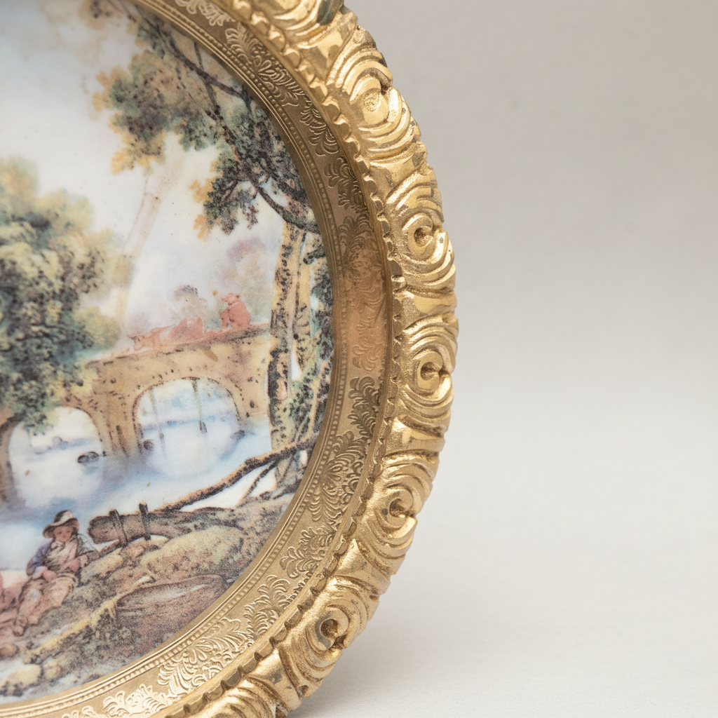 Rococo Brass Framed Porcelain Decorative Wall Plate - Pastoral Landscape Scene — Gold