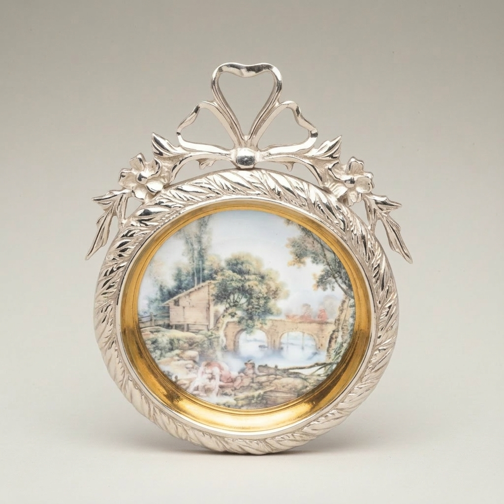 Rococo Brass Framed Porcelain Decorative Wall Plate - Pastoral Landscape Scene — Silver