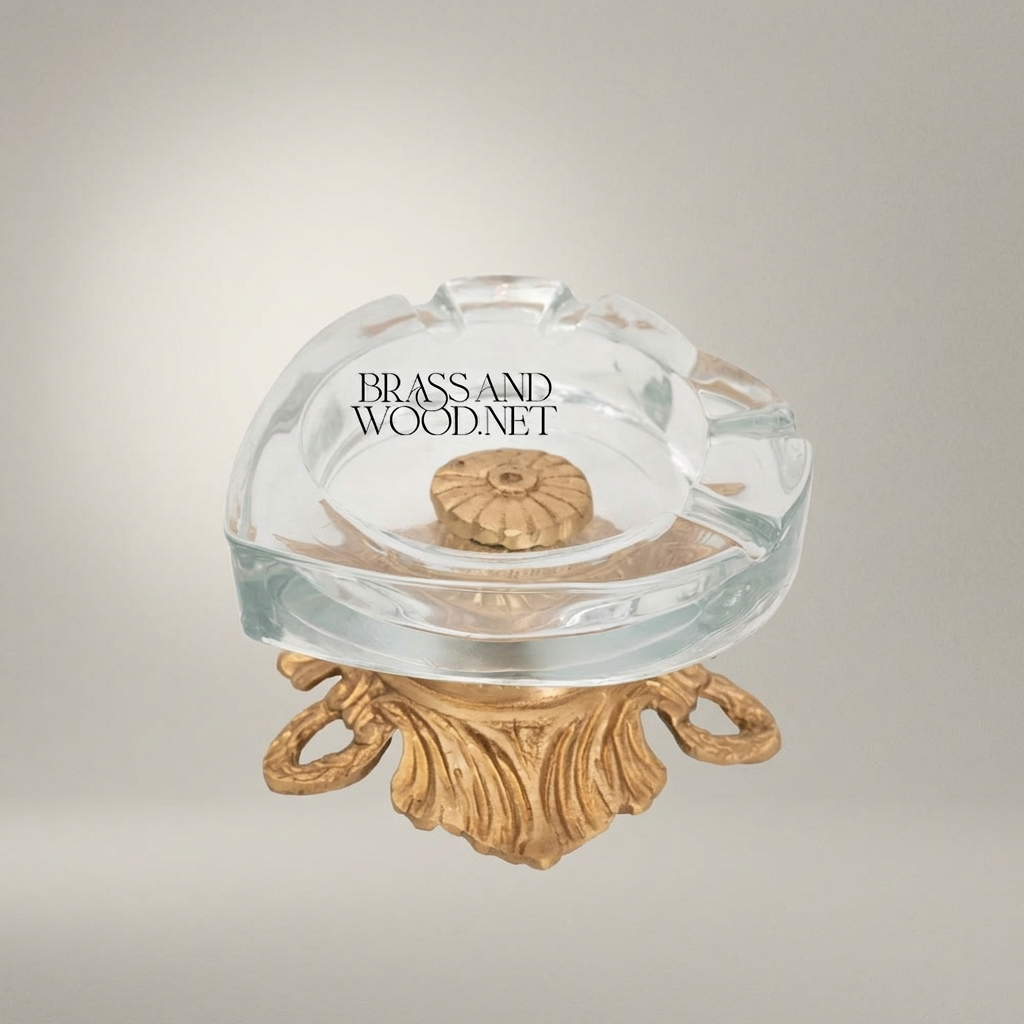 Rococo Brass & Glass Ashtray with Acanthus Sculpted Base — Antique Gold