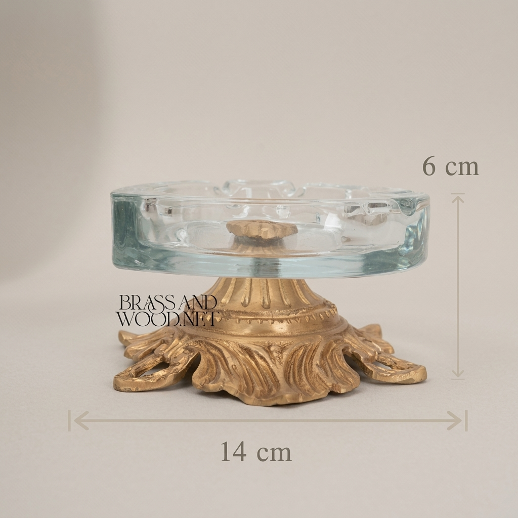 Rococo Brass & Glass Ashtray with Acanthus Sculpted Base — Antique Gold