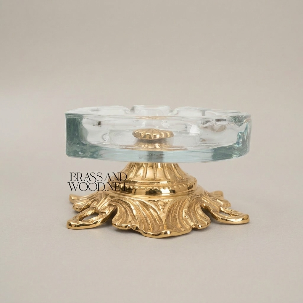 Rococo Brass & Glass Ashtray with Acanthus Sculpted Base — Gold
