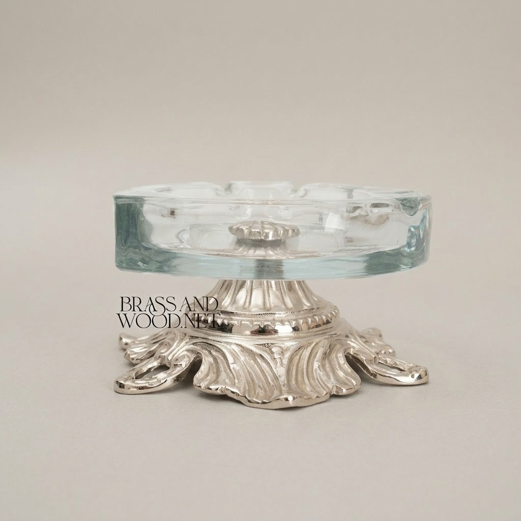 Rococo Brass & Glass Ashtray with Acanthus Sculpted Base — Silver