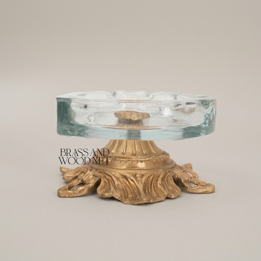 Rococo Brass & Glass Ashtray with Acanthus Sculpted Base — Antique Gold